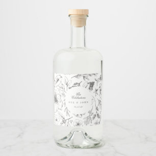 Snygg Blommigt Monogram Sketched Bröllop Spritflaskor Etikett