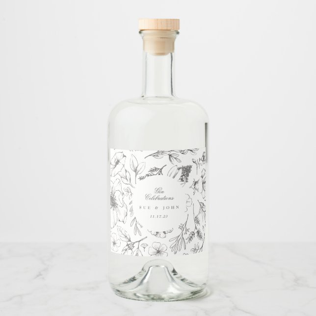Snygg Blommigt Monogram Sketched Bröllop Spritflaskor Etikett (Framsida)