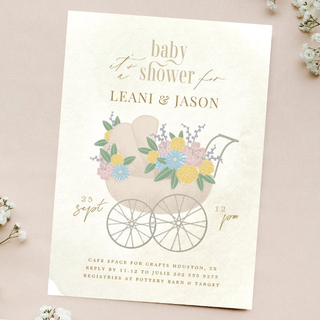 Snygg Blommigt Pram Rustic Flowers Baby Shower Inbjudningar (Skapare uppladdad)
