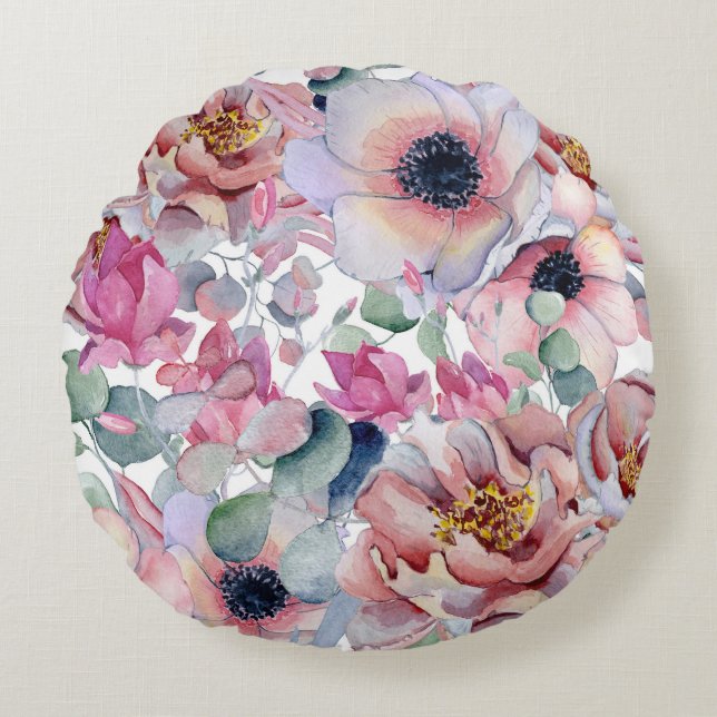 Snygg Blommigt Round Pillow Rund Kudde (Framsidan)