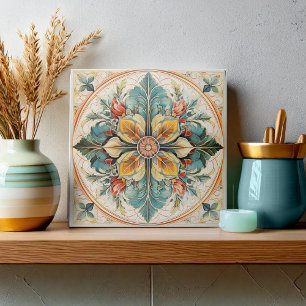 Snygg Blommigt Tile Pat#15 Teal Gult ID1078 Kakelplatta