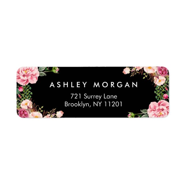 Snygg Blommigt Wrap Classy Black White Returadress Etikett (Framsidan)
