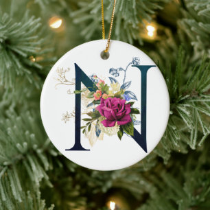 Snygg blomsterinitial bokstav N Julgransprydnad Keramik
