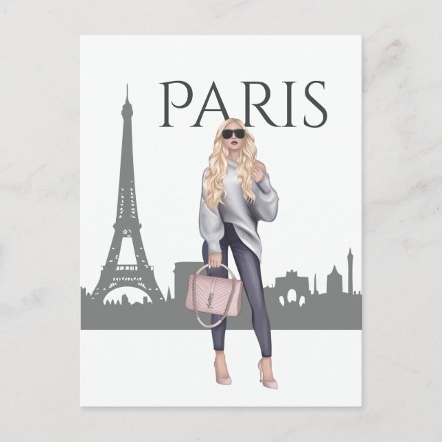Snygg Blond Girl i Paris med Eiffel Torn Vykort (Framsida)