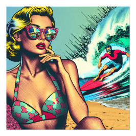 Snygg blond retro kvinna och surfargubbe fototryck