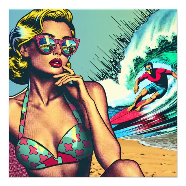 Snygg blond retro kvinna och surfargubbe fototryck (Framsidan)