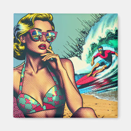 Snygg blond retro kvinna och surfargubbe magnet