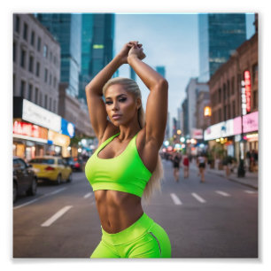 Snygg Blonde Fitness-flicka i Neon Grönt Fototryck