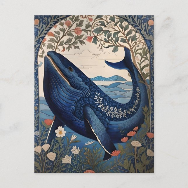 Snygg Blue Whale William Morris Inspired Vykort (Framsida)