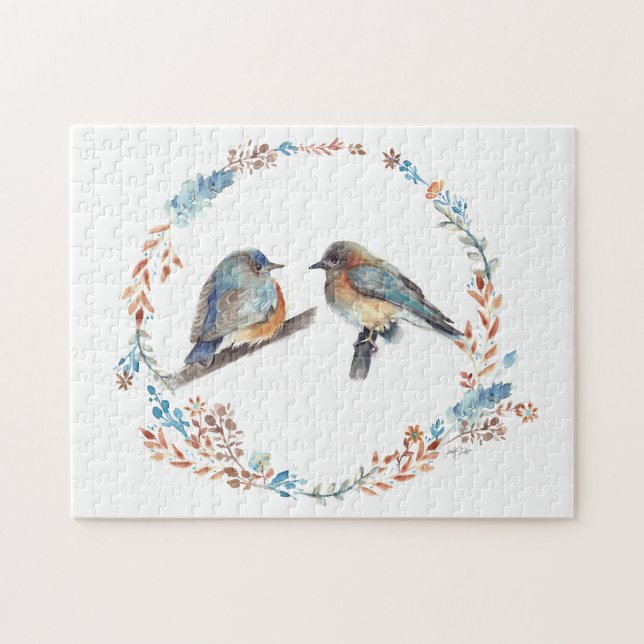 Snygg Bluebird-konst Pussel (Adorable eastern bluebird couple art with floral wreath. Jenn's Emporium.)