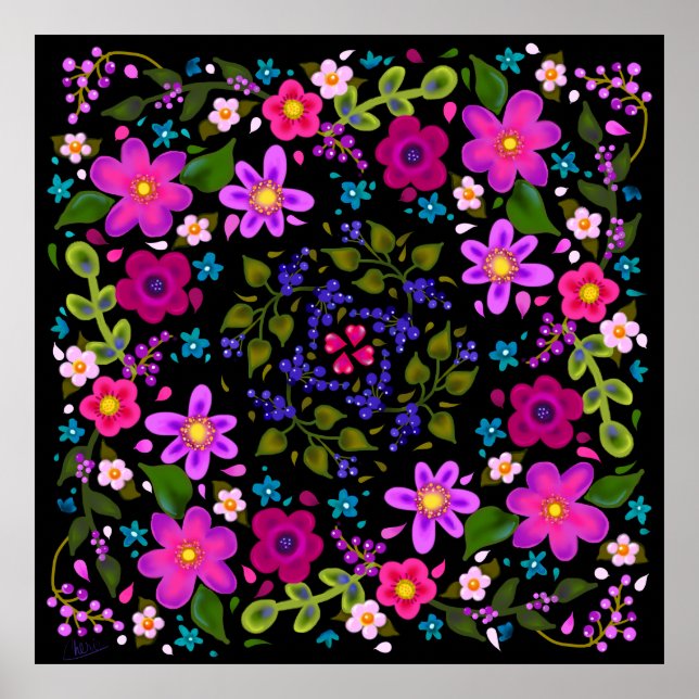 Snygg Boho Flowers Rosa och Periwinkle Poster (Framsidan)