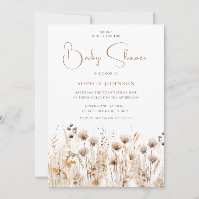 Snygg Boho Watercolor Wildblomme Baby Shower Inbjudningar (Framsida)