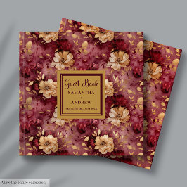 Snygg Burgundy Guld Blommigt Bröllop Gästböcker