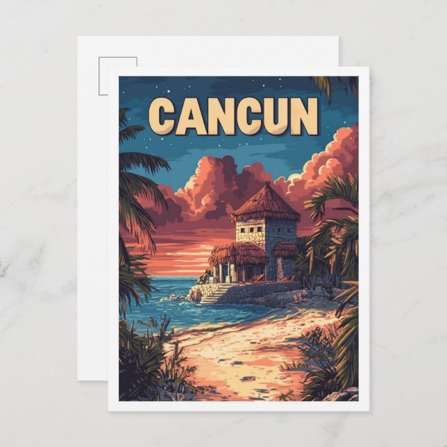 Snygg Cancun Beach Mexico Illustration Travel Vykort (Fram/baksida)