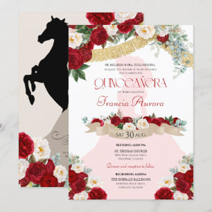 Snygg Charro Elegant Red White Blommigt Quinceañer Inbjudningar