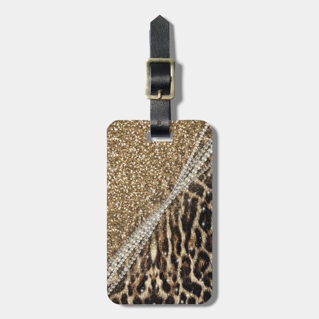 Snygg Chic Girly Leopard Skriv ut Guld Glitter Bagagebricka (Vertikal Framsida)