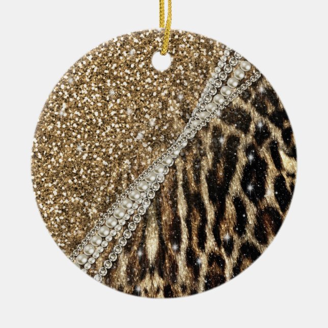 Snygg Chic Girly Leopard Skriv ut Guld Glitter Julgransprydnad Keramik (Framsidan)