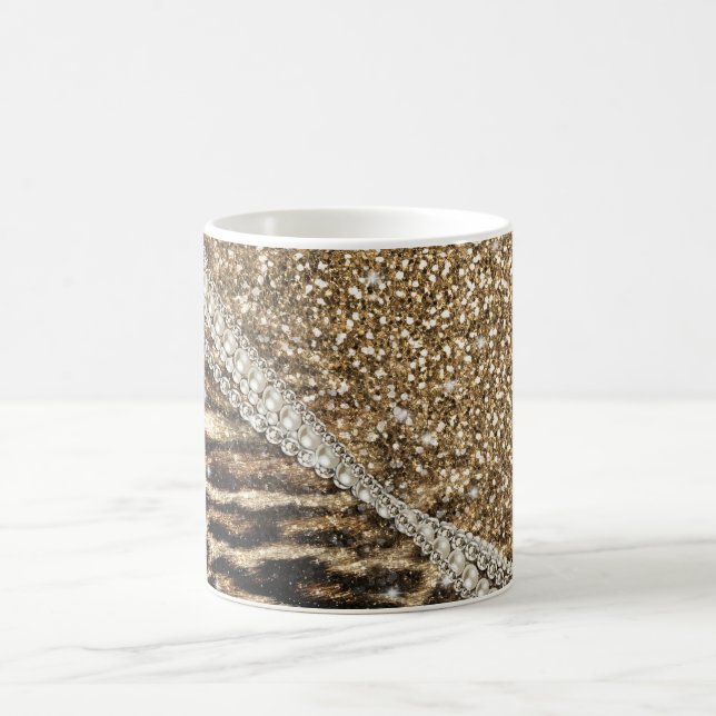 Snygg Chic Girly Leopard Skriv ut Guld Glitter Kaffemugg (Center)