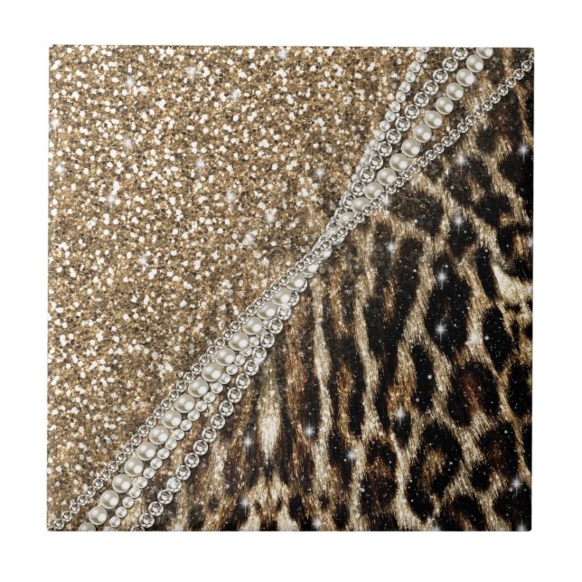 Snygg Chic Girly Leopard Skriv ut Guld Glitter Kakelplatta (Framsidan)