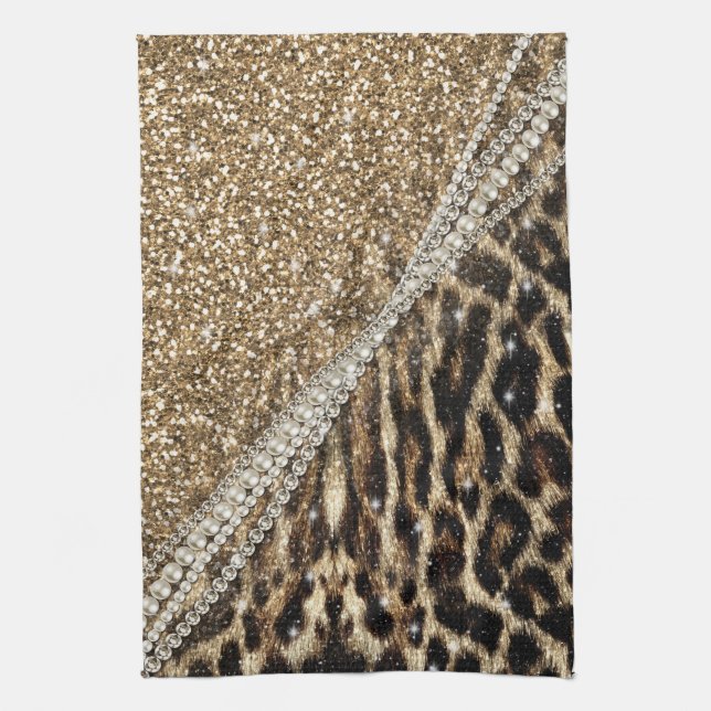Snygg Chic Girly Leopard Skriv ut Guld Glitter Kökshandduk (Vertikal)