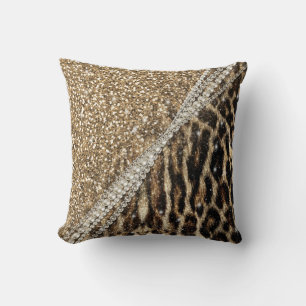 Snygg Chic Girly Leopard Skriv ut Guld Glitter Kudde