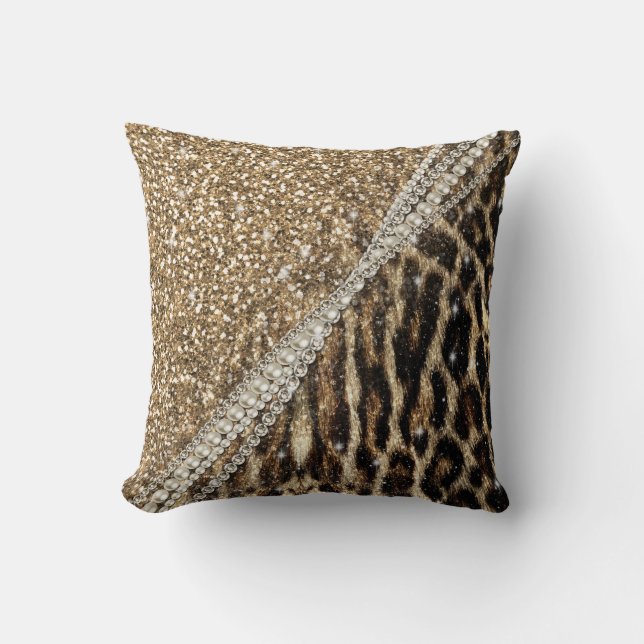 Snygg Chic Girly Leopard Skriv ut Guld Glitter Kudde (Framsida)