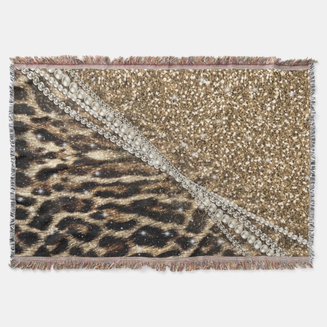 Snygg Chic Girly Leopard Skriv ut Guld Glitter Mysfilt (Framsidan)