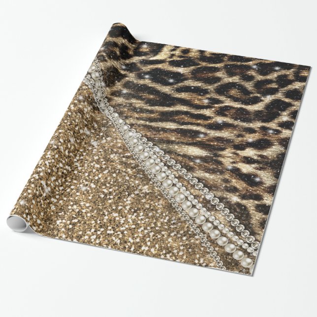 Snygg Chic Girly Leopard Skriv ut Guld Glitter Presentpapper (Utrullad)