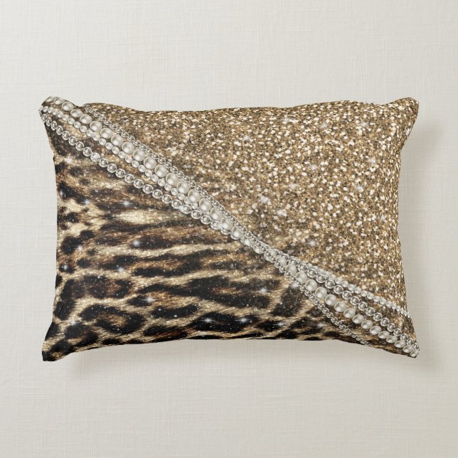 Snygg Chic Girly Leopard Skriv ut Guld Glitter Prydnadskudde (Framsidan)
