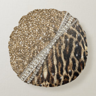 Snygg Chic Girly Leopard Skriv ut Guld Glitter Rund Kudde