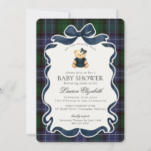 Snygg Coquette Bow Bear Rutat Ränder Baby Shower Inbjudningar