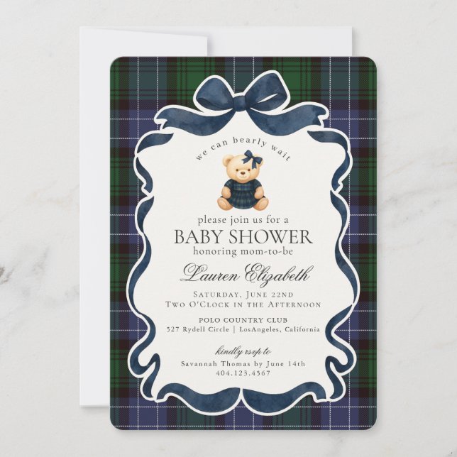 Snygg Coquette Bow Bear Rutat Ränder Baby Shower Inbjudningar (Framsida)