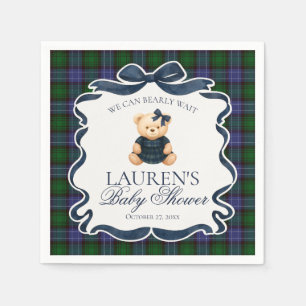 Snygg Coquette Bow Bear Rutig Plaid Baby Shower Pappersservett