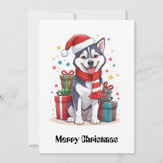 Snygg Cute Siberian husky Jultomten, Hund Julkort (Framsida)