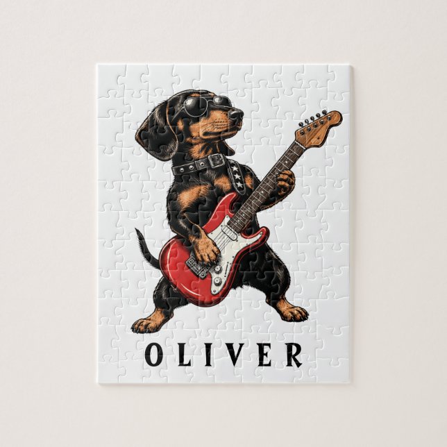 Snygg Dachshund Rockare Hund Spelar Elgitarr Pussel (Vertikal)