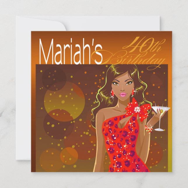 Snygg dam födelsedags cocktailparty bärnsten/röd inbjudningar (Framsida)