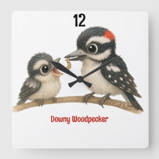 Snygg Downy Woodpecker Fyrkantig Klocka