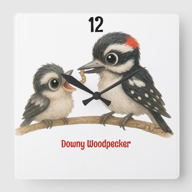 Snygg Downy Woodpecker Fyrkantig Klocka (Framsida)