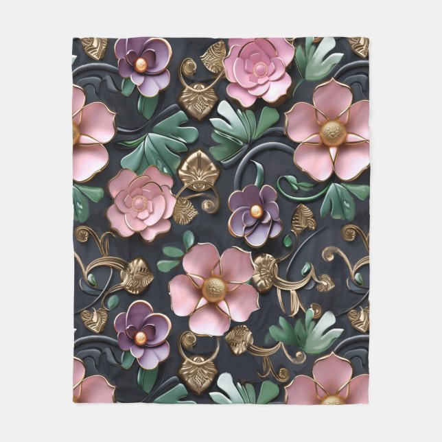 Snygg elegant Blommigt på svart bakgrund Fleecefilt (Framsidan)