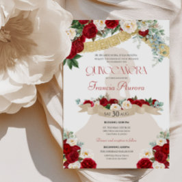 Snygg Elegant Charro Red White Guld Quinceanera Inbjudningar
