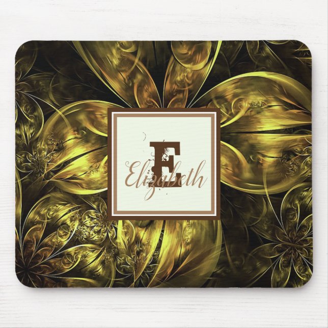 Snygg Elegant Guld Blommig, Monogram Musmatta (Framsidan)