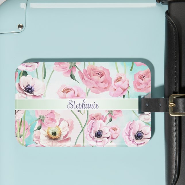 Snygg Elegant Rosa Blommigt Ro Monogram med Bagagebricka (Skapare uppladdad)