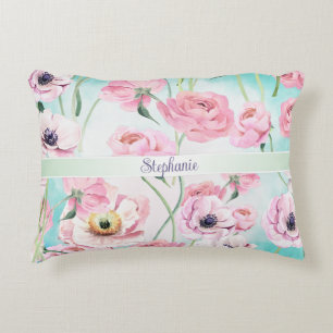 Snygg Elegant Rosa Blommigt Ro Monogram med Prydnadskudde