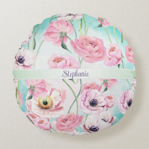 Snygg Elegant Rosa Blommigt Ro Monogram med Rund Kudde