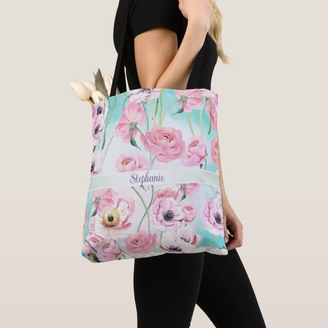 Snygg Elegant Rosa Blommigt Ro Monogram med Tygkasse (Närbild)