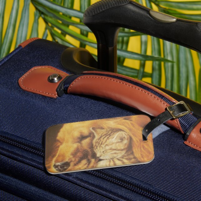 Snygg Fantastisk Katt och Hund Cuddling Art Skriv  Bagagebricka (Framsida Insitu 3)