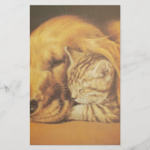 Snygg Fantastisk Katt och Hund Cuddling Art Skriv Brevpapper