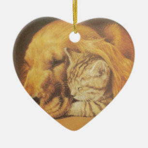 Snygg Fantastisk Katt och Hund Cuddling Art Skriv Julgransprydnad Keramik