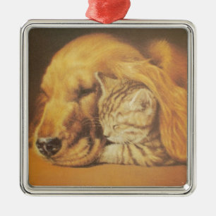Snygg Fantastisk Katt och Hund Cuddling Art Skriv Julgransprydnad Metall