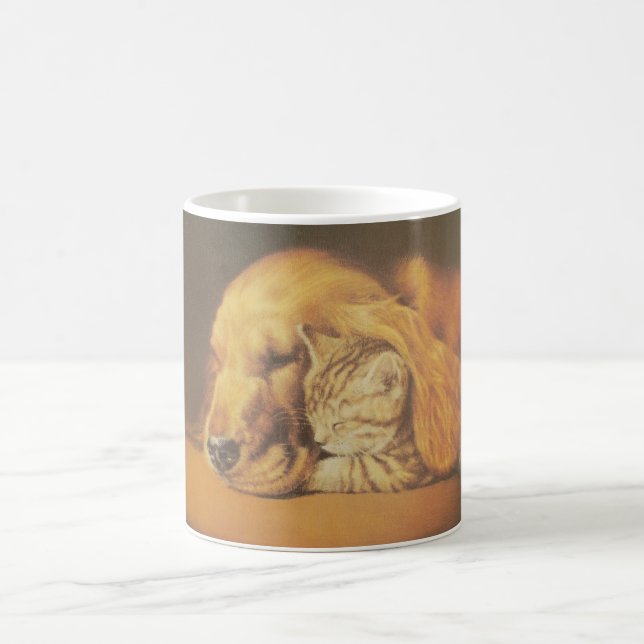 Snygg Fantastisk Katt och Hund Cuddling Art Skriv  Kaffemugg (Center)
